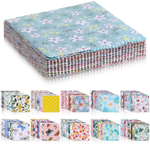 100 Pcs 5x 5 Charm Packs for Quilting Precut Multi-Color Printed Floral Fabric Squares Bundles Quilting Supplies Spring Floral Color Scheme Printed Patchwork Supplies for Holiday DIY Sewing Craft