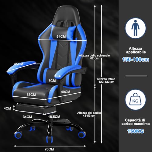 Devoko Sedia da Gaming Massaggiante con Poggiapiedi Telescopico, Sedia Gamer con Cuscino Lombare Massaggio & Poggiatesta, Ergonomico Sedie da Ufficio Schienale Regolabile 90-135°, Portata 150kg(Blu) - Immagine 2