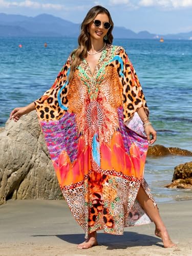 Image of IMAGEKOPE Women's Plus Size Animal Print V-Neck Batwing Kaftan Beach Dress Bathing Suit Cover-Up Loungewear