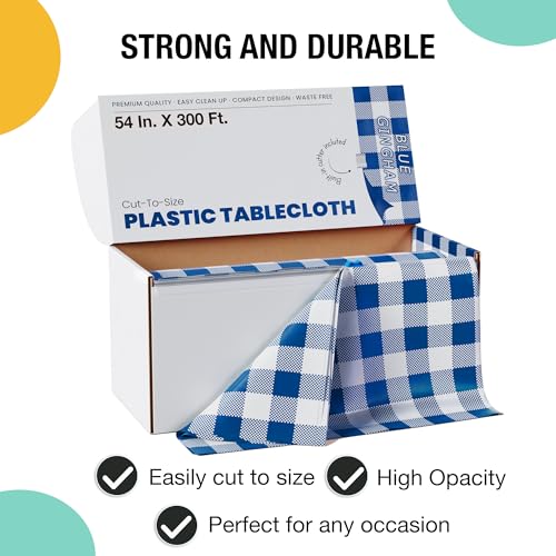 Image of Party Solids 54 Inch X 300 Feet Blue Gingham Plastic Table Cover Roll in A Cut - to - Size Box with Convenient Slide Cutter. Cuts Up to 36 Rectangle 8 Feet Plastic Disposable Tablecloths