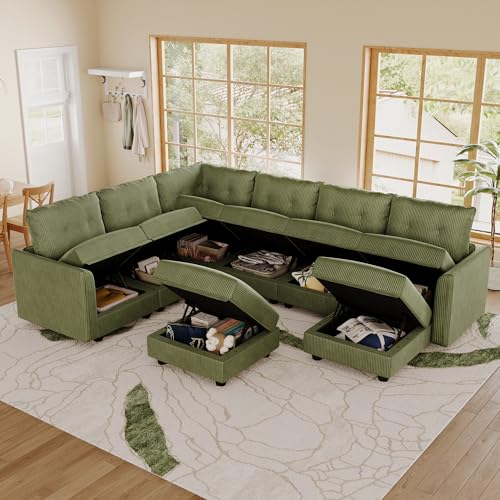 Image of LLappuil Modular Storage Sectional Sofa with Ottoman, U Shaped 8-Seat Corduroy Couch with 7 Throw Pillows, Convertible Sofa Set for Living Room, Skin-Friendly & Soft, Scratch Resistant, Green
