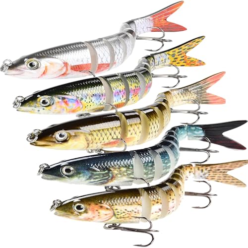 YUEMING 5Pcs Lifelike Swimbait for Bass Trout Crappie, Slow Sinking Multi Jointed Segmented Pike Fishing Bait with Hooks (5PCS-5.3in)