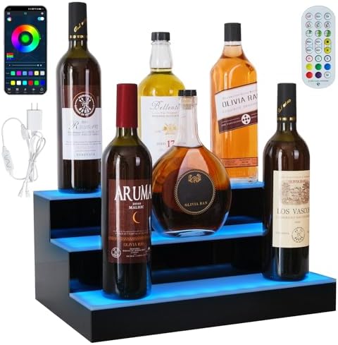 LED Lighted Liquor Bottle Display Shelf, 3Tiers 16Inch Bar Bottle...