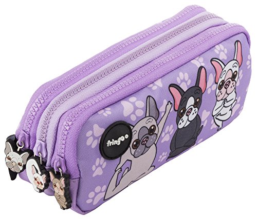 Fringoo® 3 Compartment Pencil Case for Kids School Stationery Holder Funny Cute (French Dog Yoga - 3 Compartments)