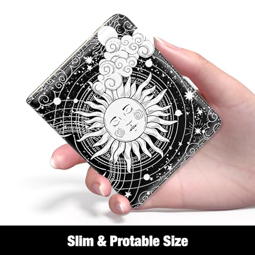 Image of Rouidr Womens Wallet, RFID Small Slim Wallet for Women, Cute Bifold Leather Pocket Credit Card Holder Ladies Mini Purse with Zipper Coin Pocket & ID Window, Abstract Sun