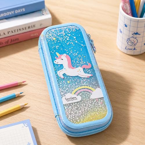 Image of WISHKEY Multipurpose Cute Cartoon Printed Pencil Case with Compartments for Kids, Large Capacity School Supply Organizer Students Stationery Box Pen Pouch with Zipper for Girls Boys Multicolor