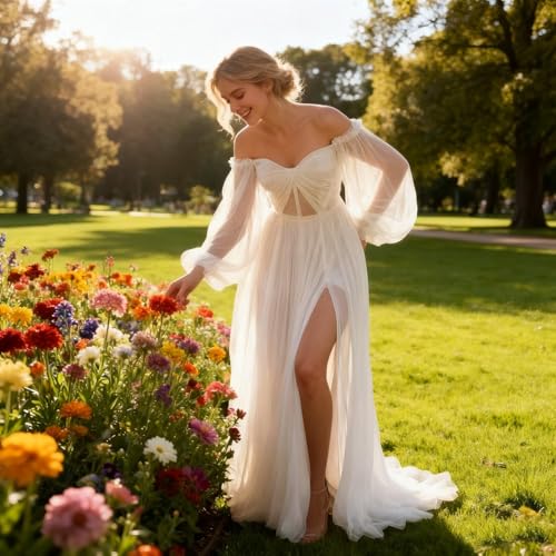 Image of Long Sleeve Tulle Wedding Dress for Bride Puffy Sleeve Prom Dress Ball Gown Formal Evening Gowns with Slit