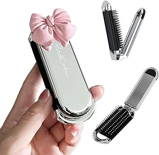 MAYCREATE® Mini Hair Brush with Mirror, Travel Hair Comb for Women, Pocket Foldable Hair Brush with Mirror for Purse, Cute Bow Hair Combs for Kids Girls