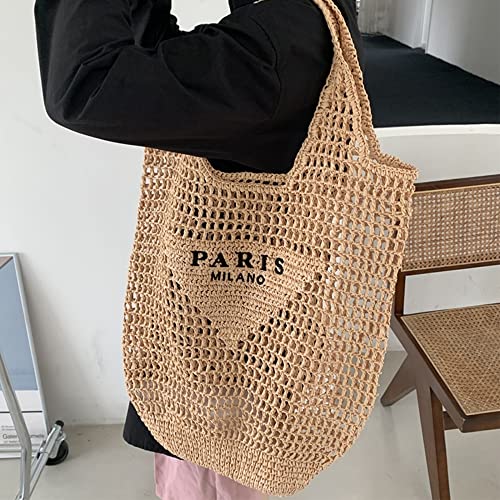 POOOPSSD New Woven Bag, Straw Mesh Tote Bag, Beach, Shoulder Bag, Hobo Women, Foldable Large Capacity, for Holiday, Picnic and Party. (Khaki) - Image 2