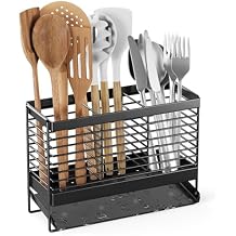 Utensil Holder, Upgrade Stainless Steel Utensil Drying Rack with Automatic Drain Tray for Kitchen Counter, Silverware Cutlery Organizer for Spoons, Forks, Knifes, Chopsticks Black