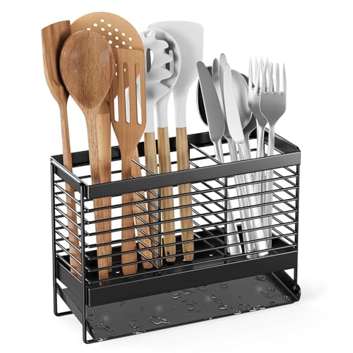 IWNTWY Utensil Holder, Upgrade Stainless Steel Utensil Drying Rack with Automatic Drain Tray for Kitchen Counter, Silverware Cutlery Organizer for Spoons, Forks, Knifes, Chopsticks (Black)