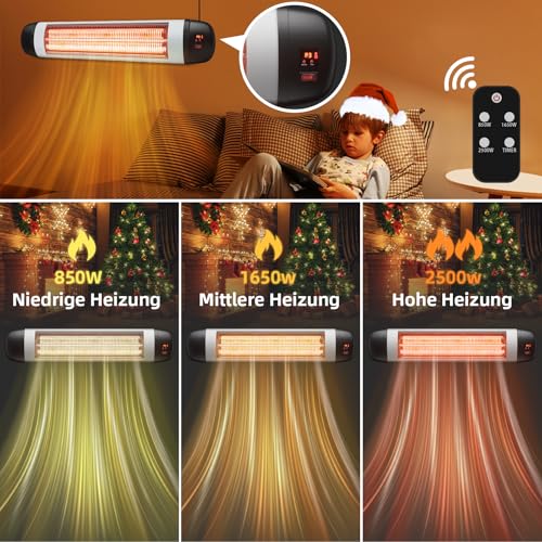 Mursche Heizstrahler Terrasse Infrarotheizung - 2500W Infrarot Strahler Outdoor mit Fernbedienung Elektrisch Wärmestrahler Wandmontage 3 Heizstufen Terrassenstrahler Aussen für Bad Balkon Garten