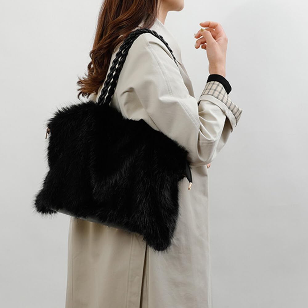 Women Faux Fur Handbag Winter Fluffy Tote Crossbody Bag Soft Plush Fuzzy Shoulder Underarm Hobo Purse with Detachable Chain