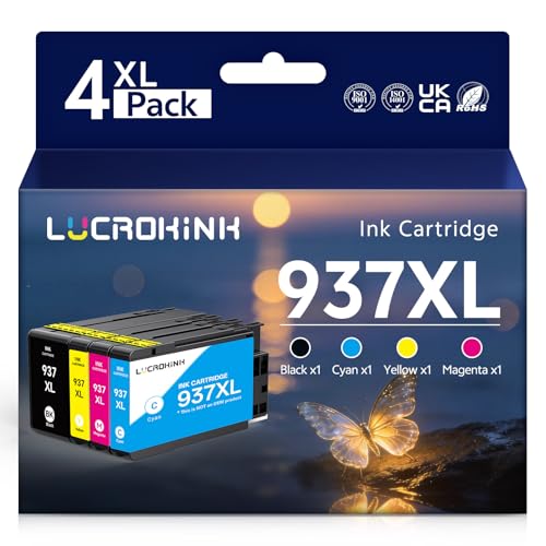 LUCROKINK 937XL Ink Cartridge Compatible with 937e, 4 Pack, Compatible with the HP Officejet pro HP Officejet pro 9110b 9120b 9130b 9720 9730 (1*Black, 1*Cyan, 1*Magenta, 1*Yellow)