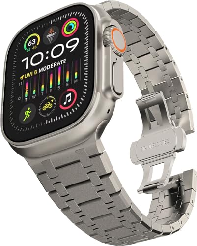 VeveXiao Stainless Steel Band Compatible with Apple Watch Ultra 2 Band 49mm 45mm 44mm 42mm Metal Link Bracelet with Butterfly Clasp for iWatch Series 9/8/7/SE2/6/5/4/3/2/1 Men Women Strap , Flash Titanium