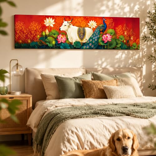 Image of Modern Pichwai Kamdhenu Cow Stretched Canvas Wall Art Painting for Living Room, Horizontal Pichwai Peacock Canvas Wall Decor For Livingroom, Bedroom, Office, Hallway's, Hotel 12x46 Inch