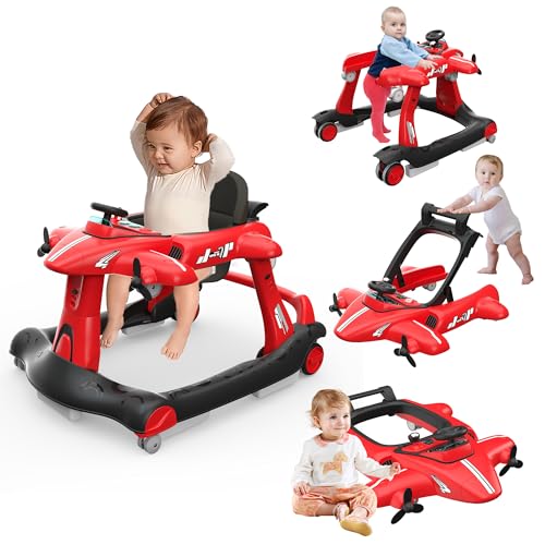 Image of Betterhood 6-in-1 Foldable Baby Walker with Adjustable Height & Speed, Airplane-Themed Activity Push Walker with Music & Lights, Wheels, Anti-Slip Design, Suitable for Boys & Girls Aged 6-18 Months