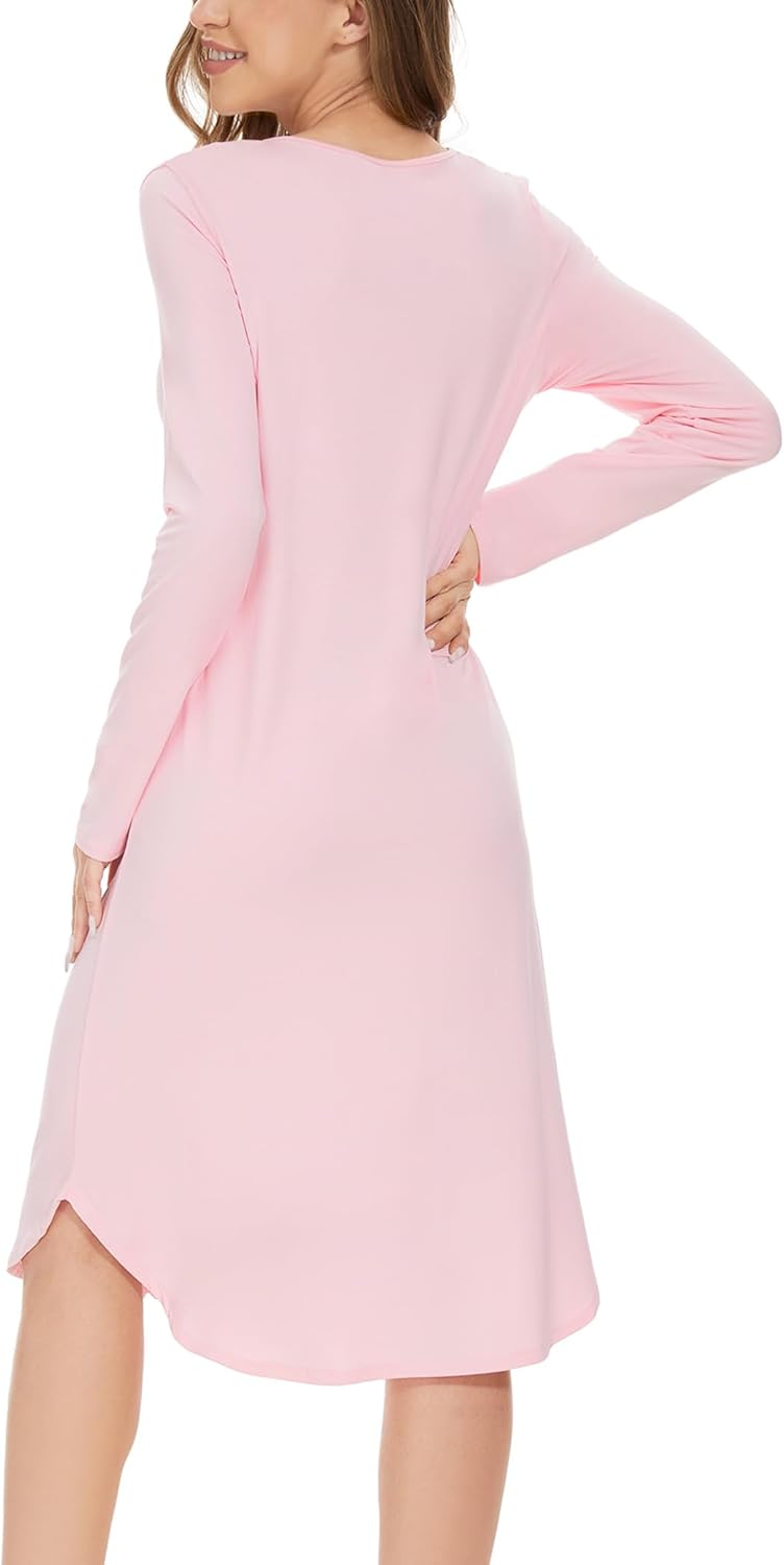GYS Bamboo Viscose Nightgowns for Women, Soft Long Sleeve V Neck Night Shirts Sleepwear, Below the Knee Long Nightgown Pajama