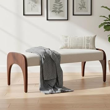 LukeAlon 51-Inch Upholstered Bench, Beige Fur Fabric