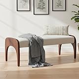 LukeAlon 51-Inch Extra Long Upholstered Bench with Cute Solid Walnut Rubber Wood Legs, Minimalist Bed End Bench for Bedroom, Living Room, Dining Table, Entryway Hallway Seat, Fur Fabric in Beige