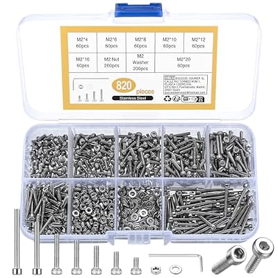 Juego de 820 tornillos M2 con cabeza hexagonal, tornillos de máquina de acero inoxidable 304 con tuercas y arandelas surtidas, incluye llaves Allen