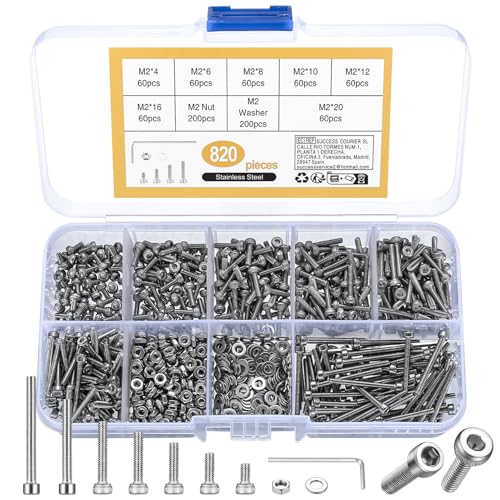 Ensemble de 820 vis à six pans creux M2, vis à tête cylindrique en acier inoxydable 304 avec écrous et rondelles assortis, clés Allen incluses
