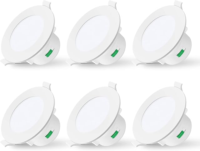ALUSSO LED Downlights Dimmable 10W Recessed Ceiling Lights IP44 Spotlights, 3000K Warm/4000K Neutral/5700K Cool Adjustable Round White Spot Lights for Bathroom Kitchen, Cutout Ø70-80mm, 6 Pack