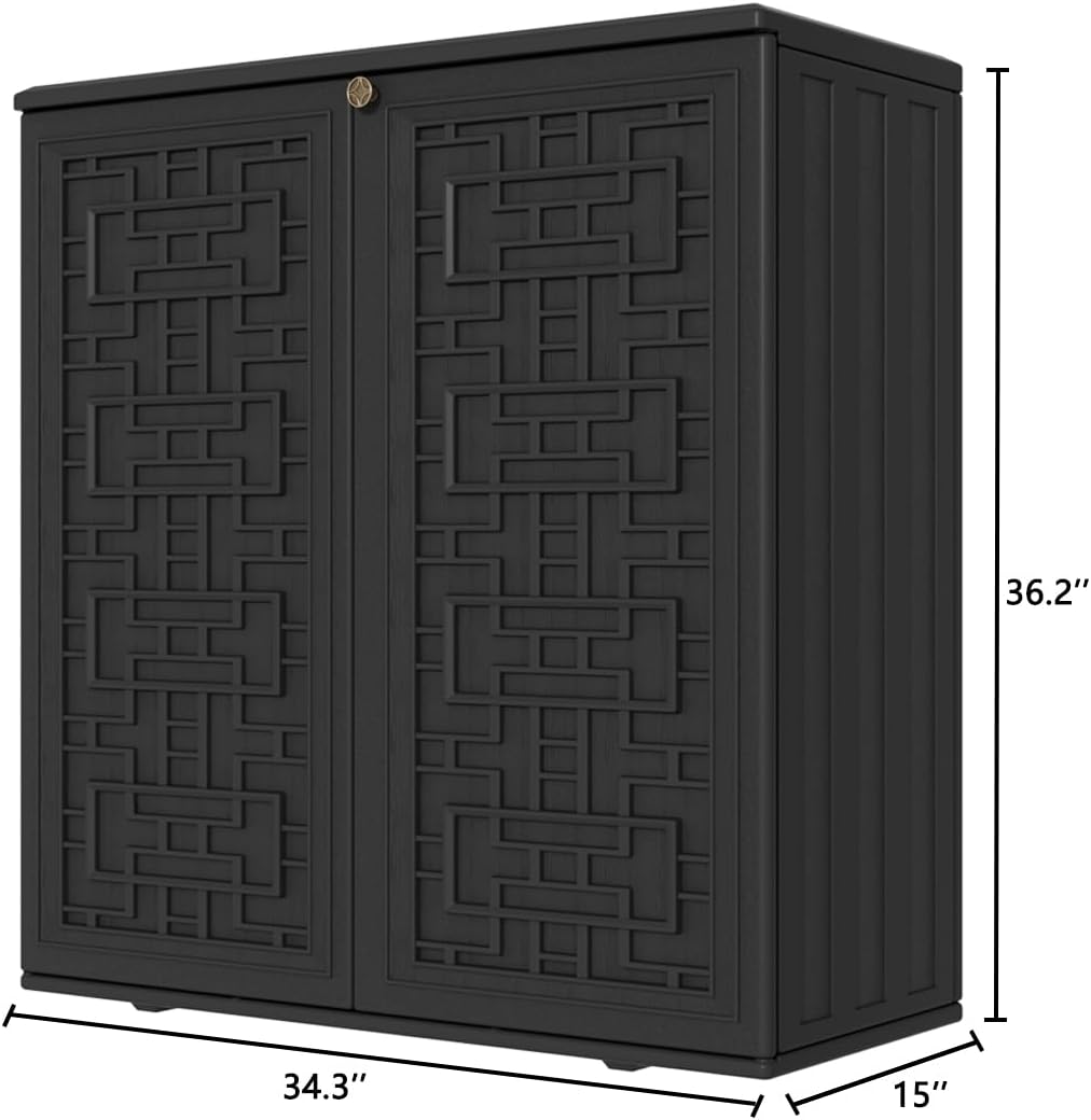 KINYING Outdoor Storage Cabinet Waterproof, Resin 62 Gallon Deck Box for Patio Furniture Cushions, Garden Tools, Pool Tools and Kids’ Toys (Black with 1 Shelving)