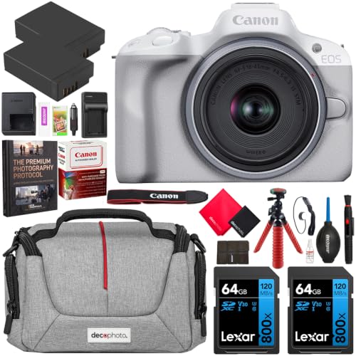 Image of Canon EOS R50 Mirrorless Camera (White) w /RF-S 18-45mm F4.5-6.3 is STM Lens 5812C012 Bundle w /Deco Gear Photography Bag + 2X Battery + 2X 64GB Memory Cards + Photography Pro eBook + Accessories Kit
