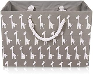 Foldable Grey Canvas Storage Basket - Rectangle Fabric Basket with White Giraffes  Perfect for Household Storage, Fabrics or Toys. Size: Width 42cms x Depth 32cms x Height 28cms