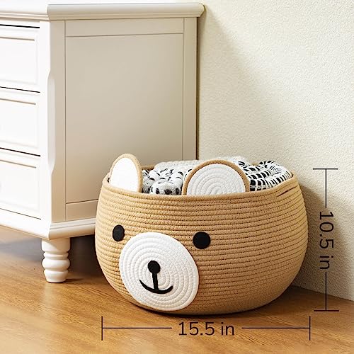 CherryNow Baby Basket for Newborn, Empty Baskets for Gift, Medium Animal Basket for Toy Clothes Towel, Woven Rope Bear Baskets for Kids, Brown, 15.7"D x 10.5"H