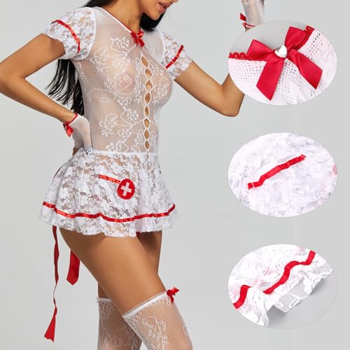 Frauen Sexy Nurse Lingerie Neckholder Krankenschwester Unterwäsche Kostüm V-Ausschnitt Body Reizwäsche Rückenfrei Dessous Versuchung Rollenspiel Clubwear mit Haarband Einheitsgröße – Bild 4