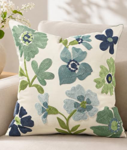 MuseHaus Embroidered Floral Throw Pillow Cover 18x18 Inch, Teal Flower
