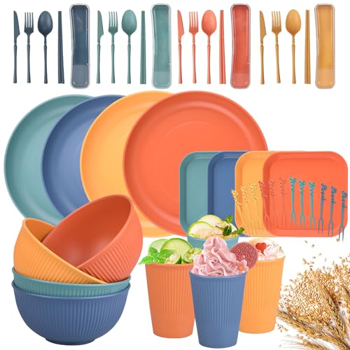 DYDHRER Juego de Vajilla de camping 4 Personas, 48 Piezas Vajilla Camping, Vajilla Plastico duro...