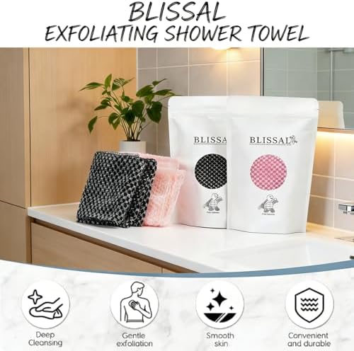 2 PCS Blissal Exfoliating Shower Towel,Rip-Resistant Exfoliating Washcloth,Long Washcloth Back Body Scrubber for Men & Women(Pink + Black) - 2