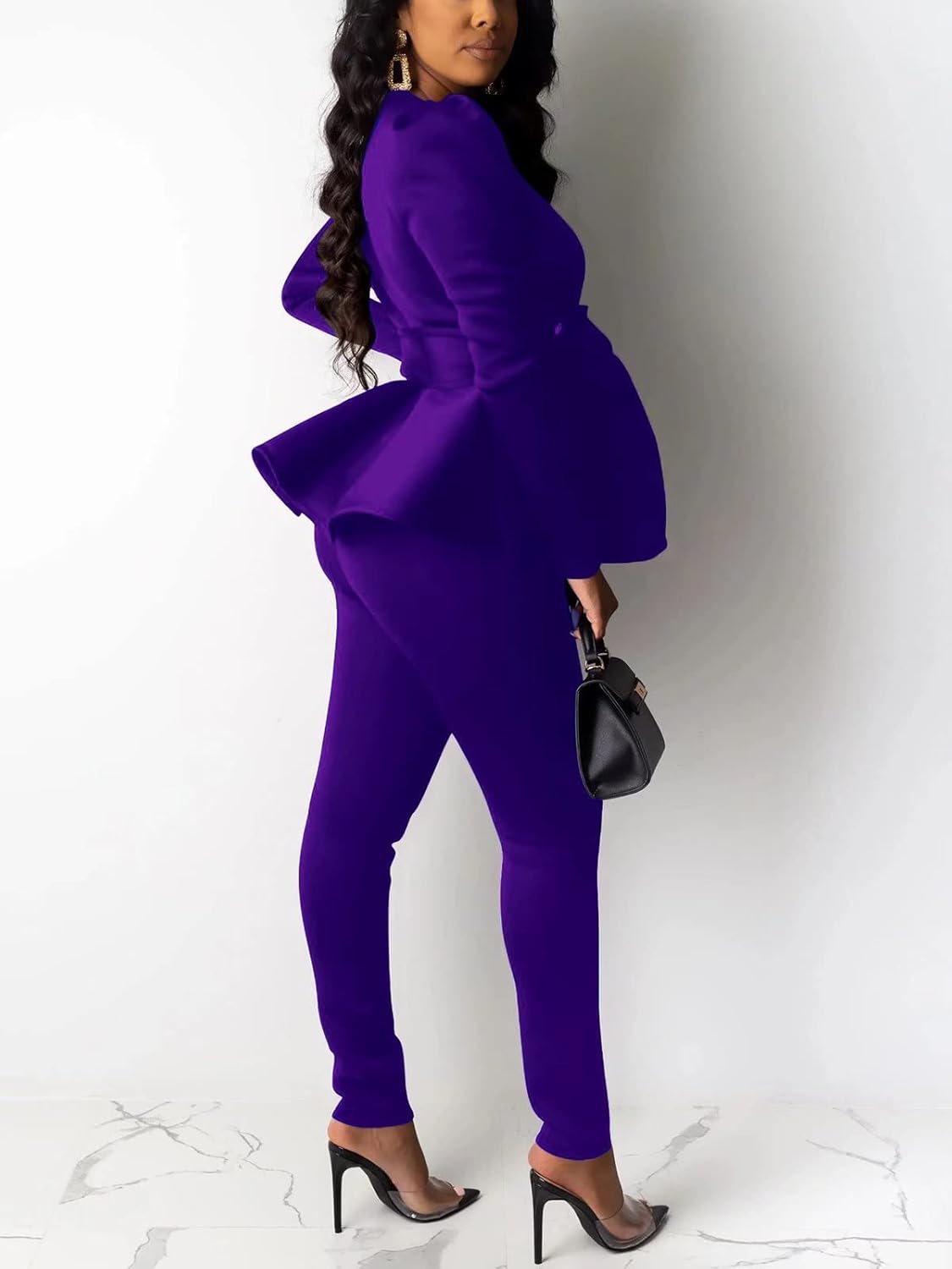 Remelon 2 Piece Outfits for Women Blazer with Pants Deep V Long Sleeve Slim Fit Ruffle Pelplum Business Suit - Image 2
