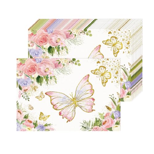 Image of Paper Placemats Disposable 50 Pack Pink Gold Butterfly Paper Placemats 16x 11 Inch Colorful Flower Butterfly Place Mats for Wedding Birthday Baby Shower Holiday Party Kitchen Dining Table Decorations