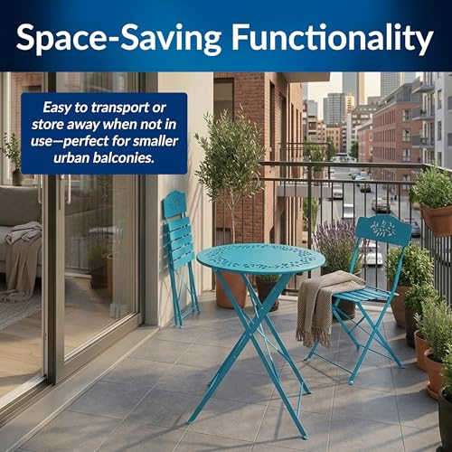 Alpine Corporation 3-Piece Bistro Set with Folding Table and 2 Chairs, Durable Steel Indoor/Outdoor Patio Furniture, Compact Seating, Blue