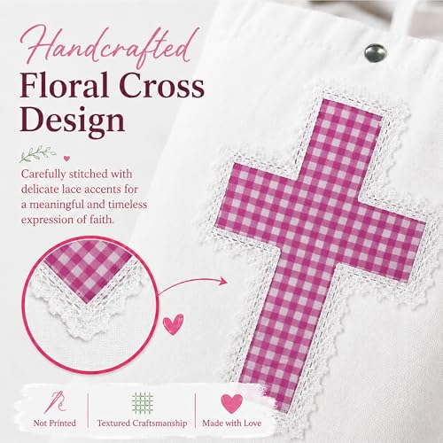 Image of Christian Tote Bag Gift for Women, Canvas Bible Bag Handmade Floral Cross | Christian faith-inspired gift, handcrafted cross with lace, inner pocket, snap closure, bottom gusset, church Bible study use