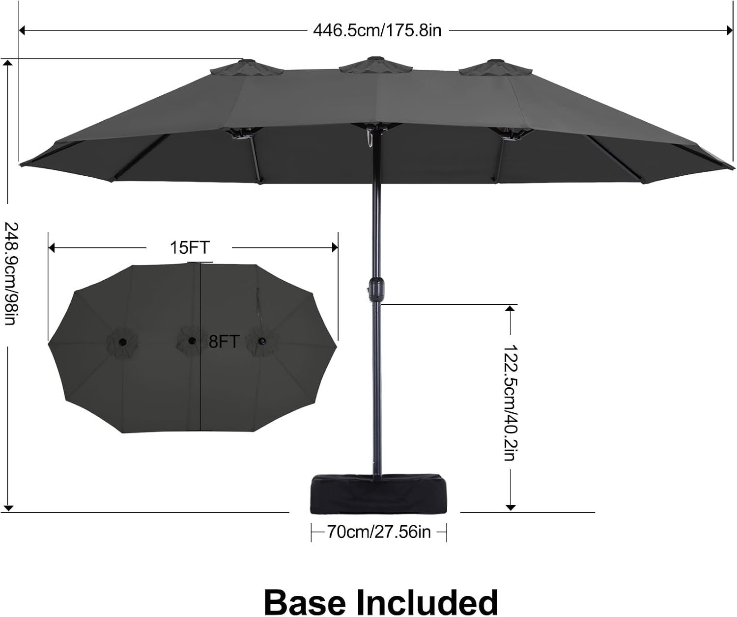 MASTERCANOPY 15FT Outdoor Rectangle Patio Umbrella, Double Sided Market Umbrella with Wind Vent for Garden Poolside Deck, Includes Heavy Duty Base - Dark Gray