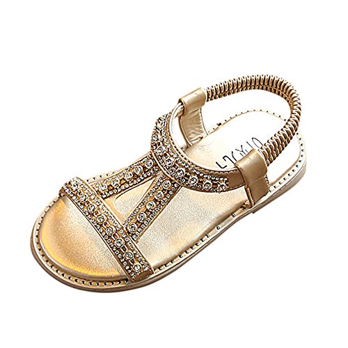 WUAI Kids Little Girls Summer Sandals Gladiator Princess T-Strap Rhinestone Beach Flat Sandals (Gold,2-2.5T)