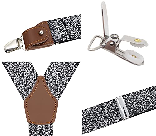 Bioterti Leather Clip And Button Suspenders For Men, Y-Back Style For Formal Outfits (Grey Paisley) #TOP1