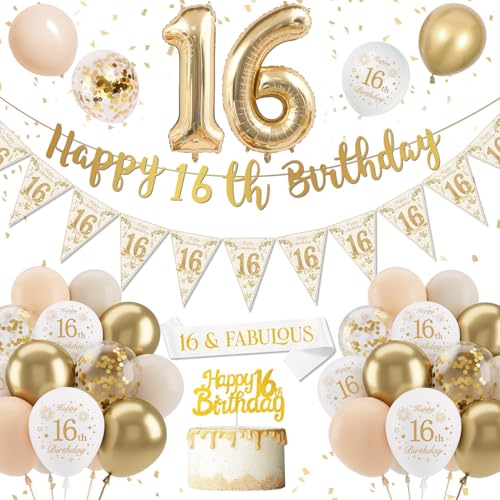 Decoration Anniversaire 16 Ans Fille, Blanc Or Ballon 16 ans Femme, Confettis Latex Ballons Bannière Joyeux Anniversaire