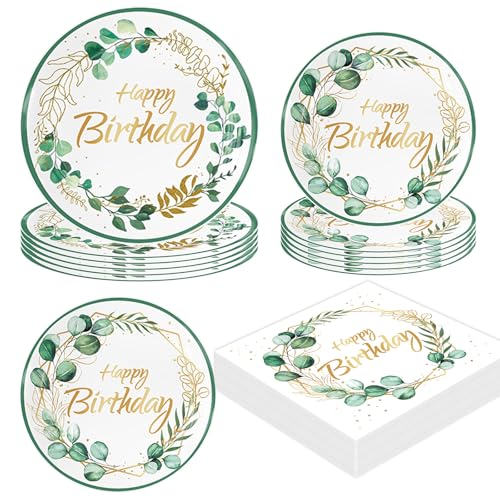 AINIUNIU 40 pièces Sauge Vert Eucalyptus Anniversaire Assiette Decoration, Happy Birthday Deco, Vaisselle de Fête Assiette Papier Serviette pour Decoration Anniversaire Baby Shower (10 Invités)