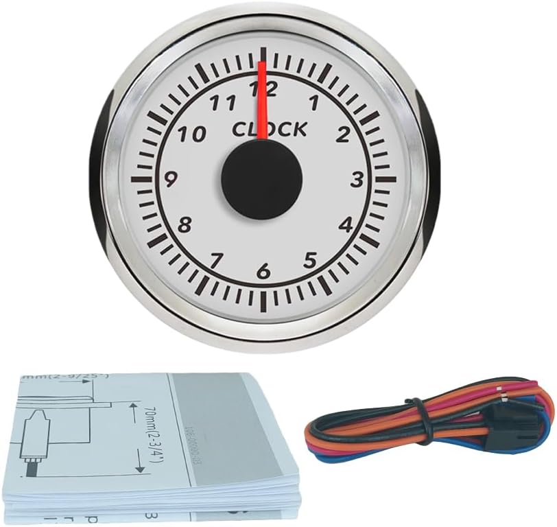 ELING 52mm (2") Clock Meter Gauge 12-Hour Format 9-32V (White+Stainless Steel)