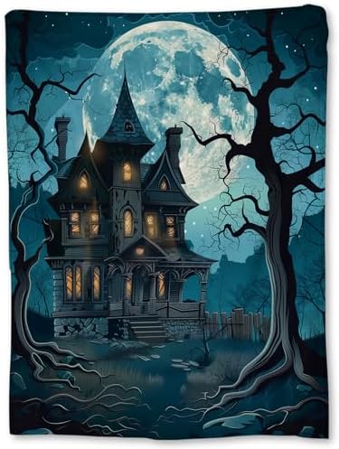 Spooky Haunted House and Full Moon Blanket | Soft Warm Fuzzy Ligh...