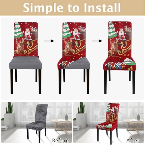 Image of SearchI Christmas Chair Covers Set of 4, Stretch Xmas Kitchen Chair Cover Removable Washable Holiday Parsons Chair Slipcovers for Dining Room, Christmas Decoration, Ceremony(Santa Claus+Elk)