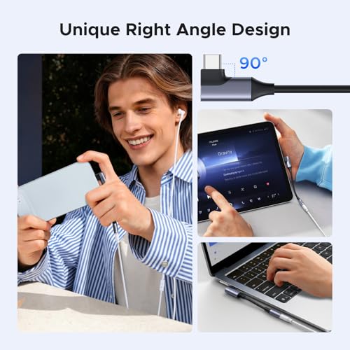 Image of UGREEN USB C to 3.5mm Audio Adapter Type C to Aux Headphone Jack Dongle 24bit /96kHz HiFi DAC Cable Right Angle Cord Compatible with iPhone 17 16 Pro Max /16 Plus, iPad, Galaxy S25 S24 Ultra, Pixel 10