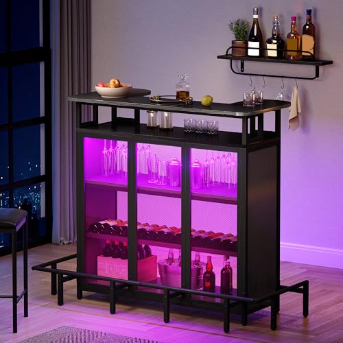 DWVO Mini Home Bar Unit Table with Wall-Mounted Shelf Rack & Music Sensing LED Light, Modern Liquor Wine Bar Cabinet with Footrest and Storage for Home Kitchen Pub Living Room, Black