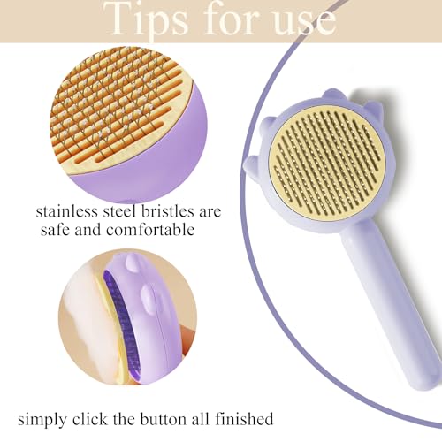 Image of ๐๐๐ญ ๐๐๐ข๐ซ ๐๐ซ๐ฎ๐ฌ๐ก, Cat Brush with Release Button, Pet Hair Cleaner Brush Cat Grooming Brush, Pet Comb Cat Brushes for Indoor Cats, Self Cleaning Cat Brush for Deshedding (Purple)